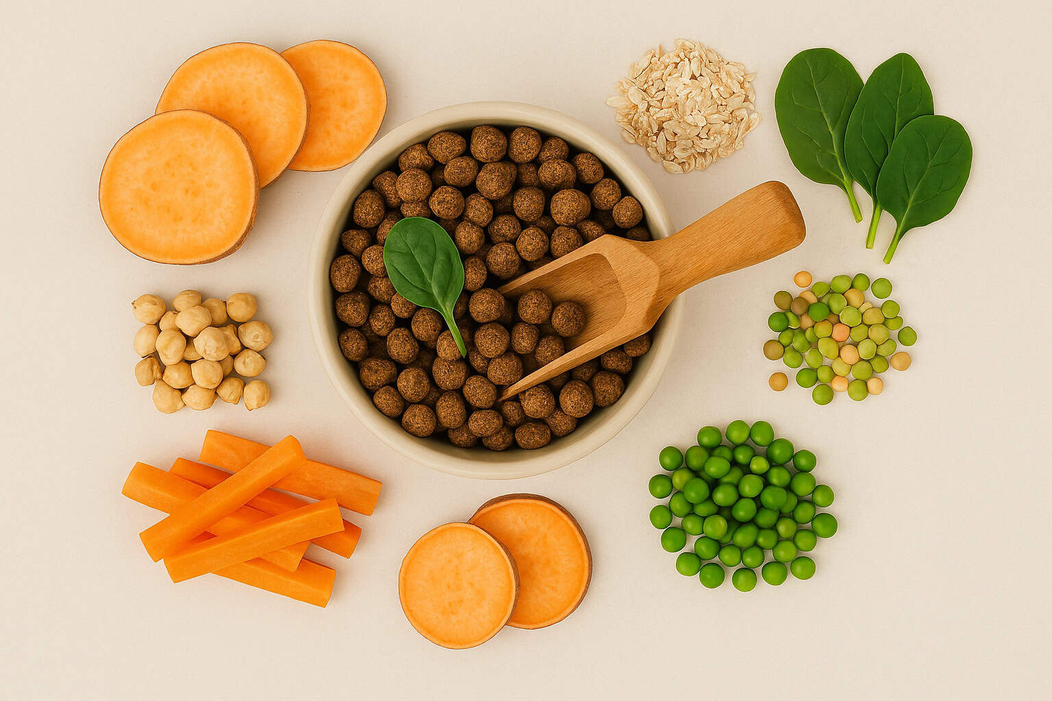 Bowl of vegan dog kibble surrounded by plant-based ingredients including sweet potato slices, carrots, chickpeas, peas, lentils, oats, and spinach leaves on a neutral background.