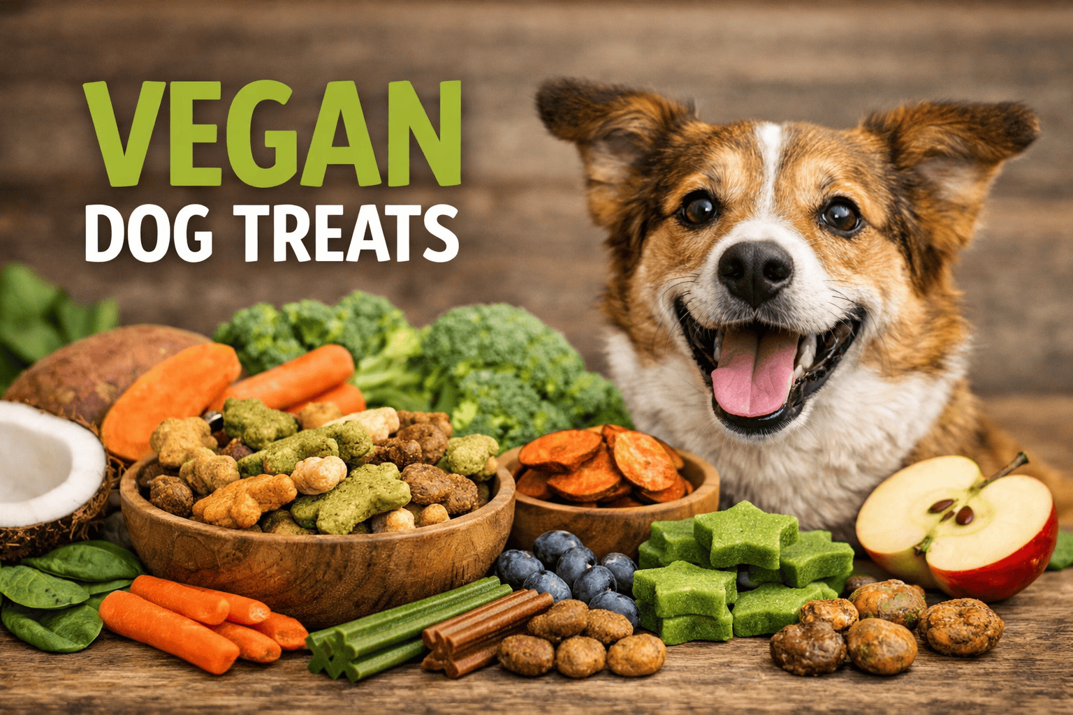 Smiling brown and white dog beside a colourful display of vegan dog treats made from sweet potato, carrot, apple, coconut, and blueberries, with text reading ‘Vegan Dog Treats’ on a rustic wooden background.
