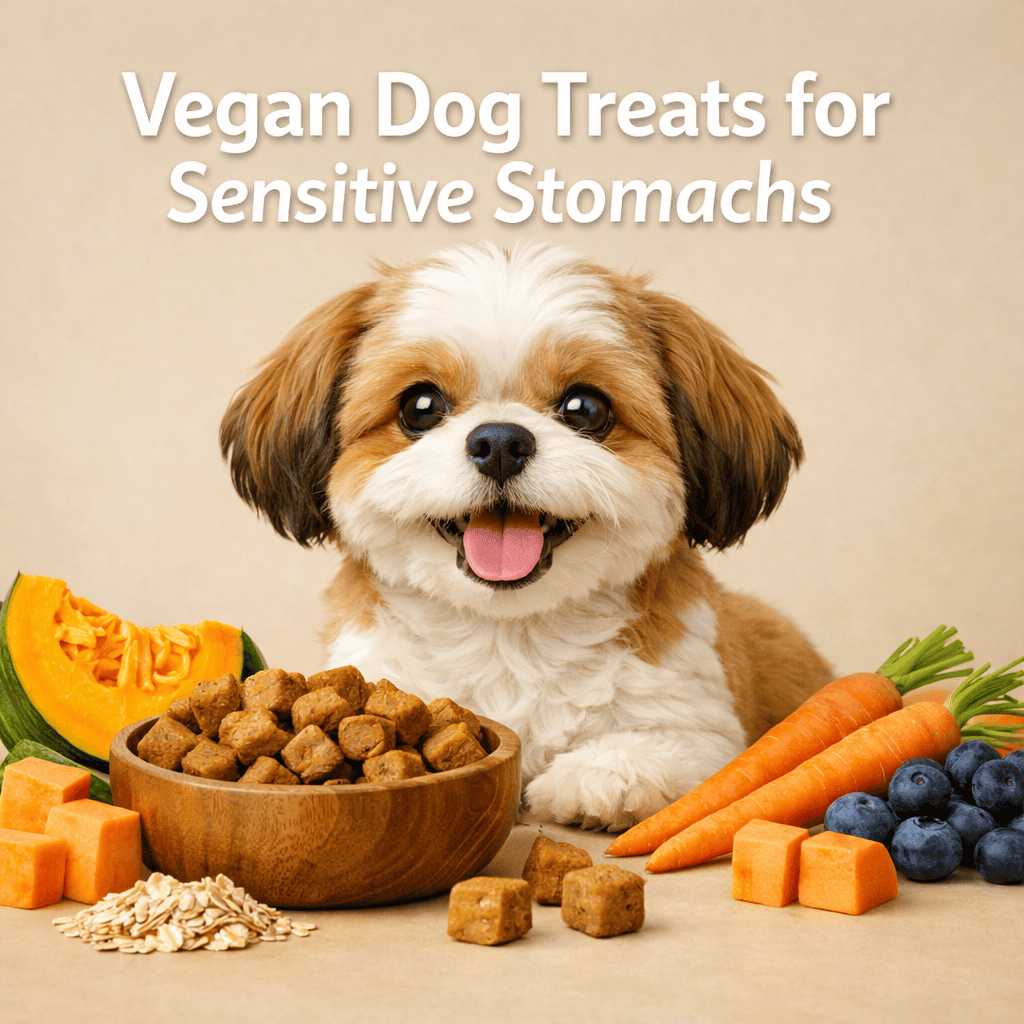 Smiling Shih Tzu dog sitting behind a wooden bowl of vegan dog treats surrounded by pumpkin, carrots, blueberries, oats, and sweet potato on a beige background, with text reading ‘Vegan Dog Treats for Sensitive Stomachs.