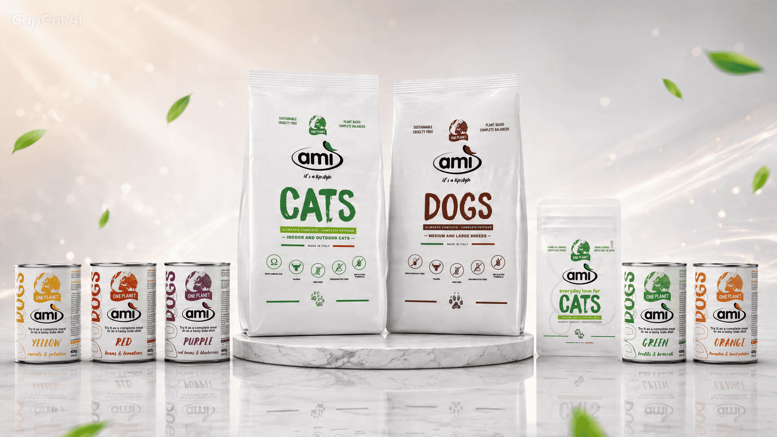 AMI vegan pet food range – plant-based nutrition for cats and dogs, sustainable cruelty-free products made in Italy